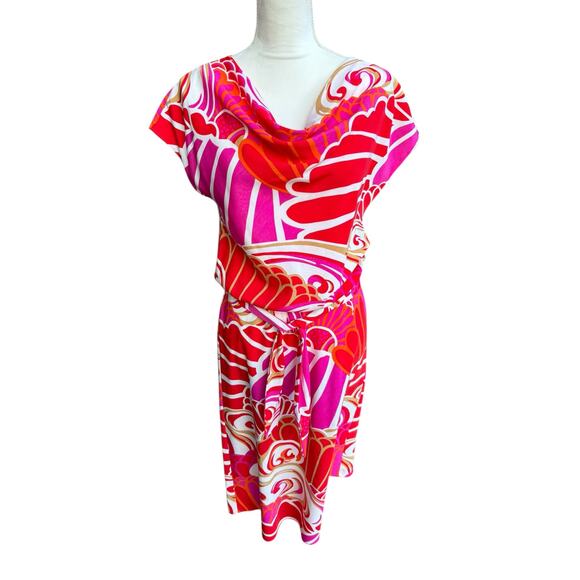 Natori Tie Waist Cowlneck Cap Sleeve Abstract Seashell Mini Dress - S - Picture 2 of 10